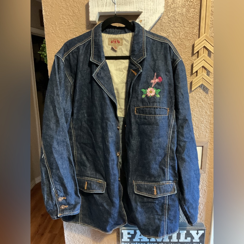 Vintage PJ Mark Dark Denim Jacket Floral and Hummingbird Embroidery Size Large